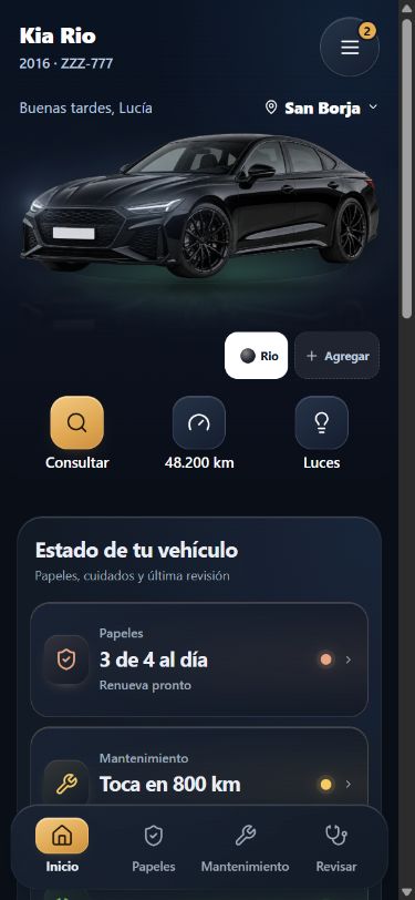 Inicio de la app con el vehículo y su estado