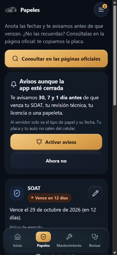 Pantalla para organizar los papeles del vehículo